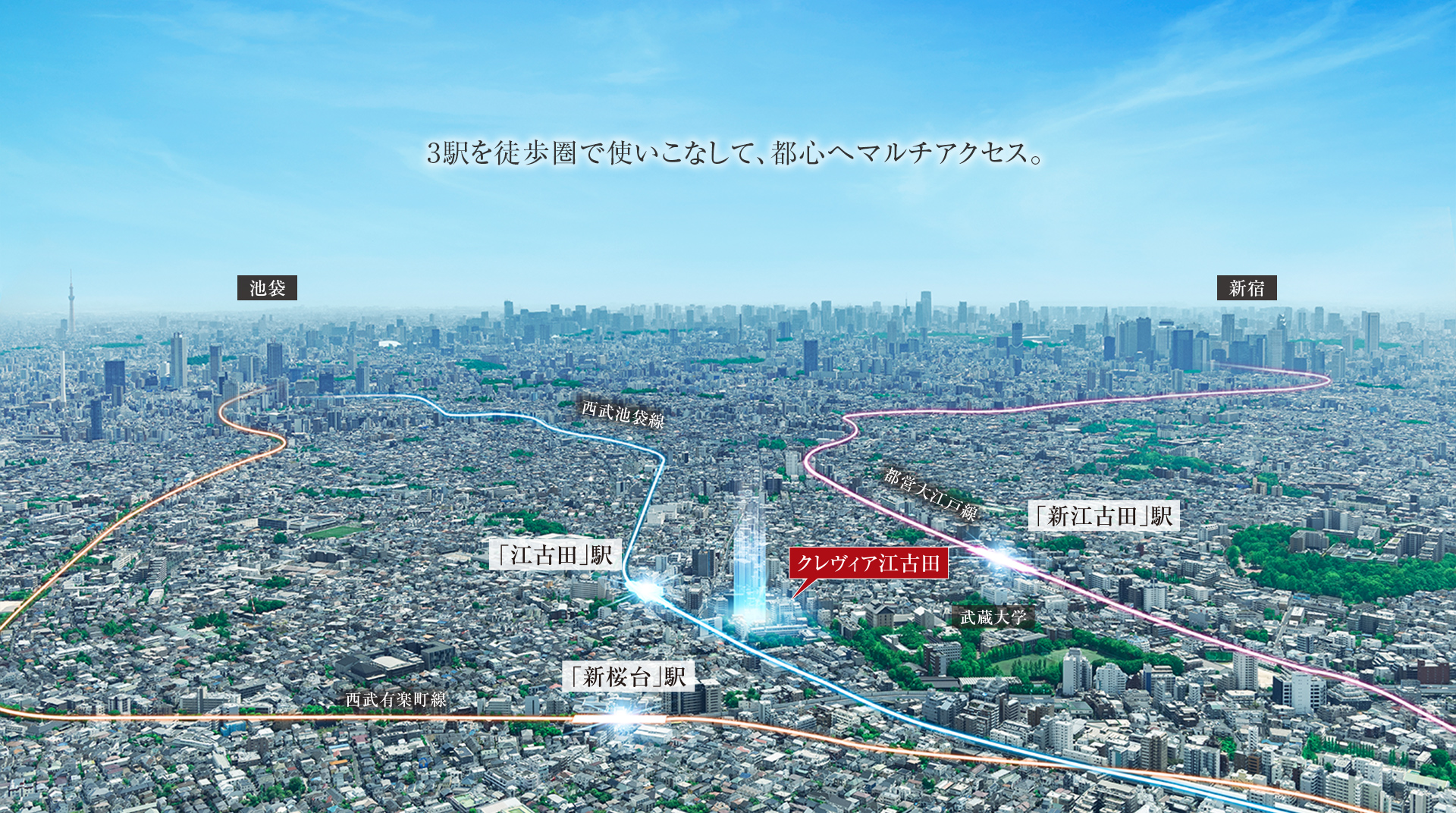 「江古田」駅徒歩4分、「新桜台」駅徒歩7分、「新江古田」駅徒歩9分。